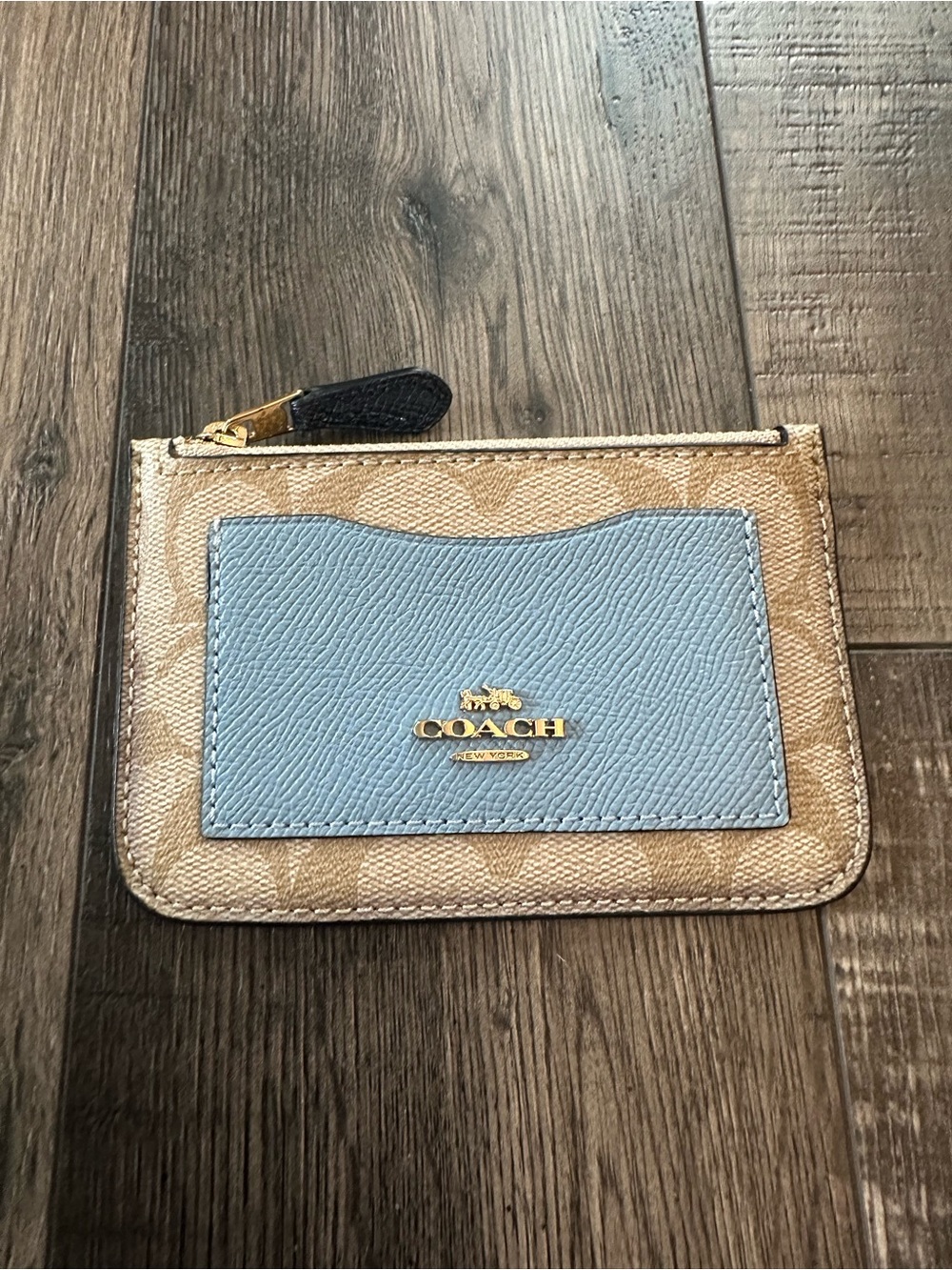 Coach Color Block Signature Canvas & Light Blue Leather Zip Card Case